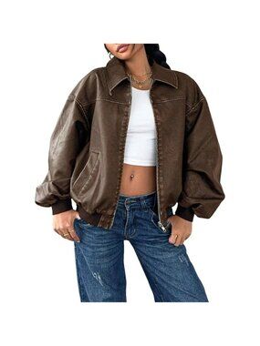 Women Brown Faux Leather Jacket Zip Up Oversized Motorcycle Outfits Winter Coats
